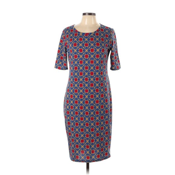 LuLaRoe LLR Julia Dress Blue Gold Red Large Knee Length Short Sleeve - Picture 1 of 2